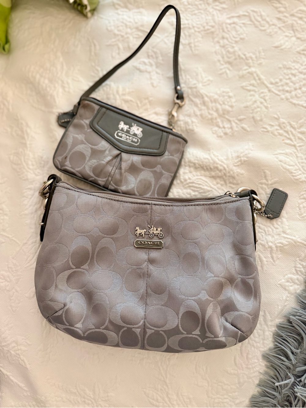 Coach Gray Signature Bag with Matching Wristlet Set